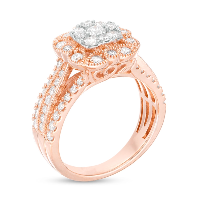 Main Image 3 of Previously Owned - 1-1/4 CT. T.W. Diamond Scallop Cushion Frame Multi-Row Vintage-Style Engagement Ring in 14K Rose Gold