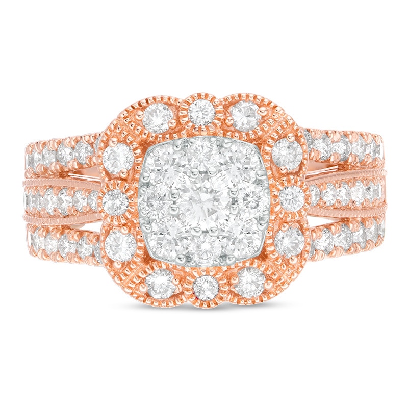 Main Image 4 of Previously Owned - 1-1/4 CT. T.W. Diamond Scallop Cushion Frame Multi-Row Vintage-Style Engagement Ring in 14K Rose Gold