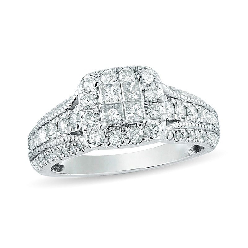 Main Image 1 of Previously Owned - 1 CT. T.W. Quad Princess-Cut Diamond Frame Vintage-Style Engagement Ring in 10K White Gold