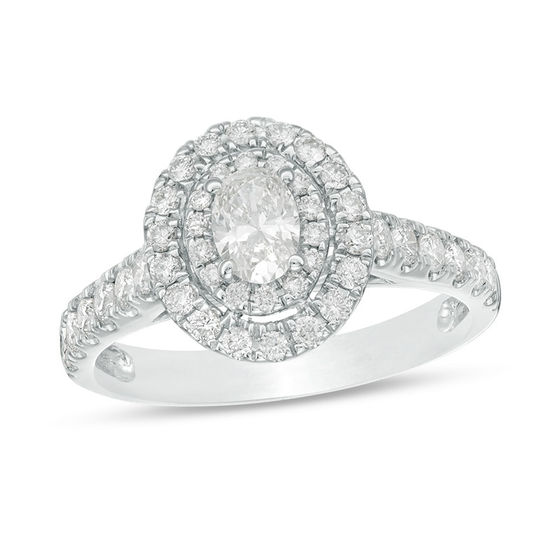 Previously Owned - 1 CT. T.W. Oval Diamond Double Frame Engagement Ring in 14K White Gold
