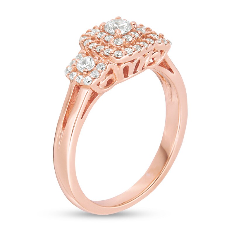 Main Image 3 of Previously Owned - 1/2 CT. T.W. Diamond Past Present Future® Double Cushion Frame Engagement Ring in 10K Rose Gold