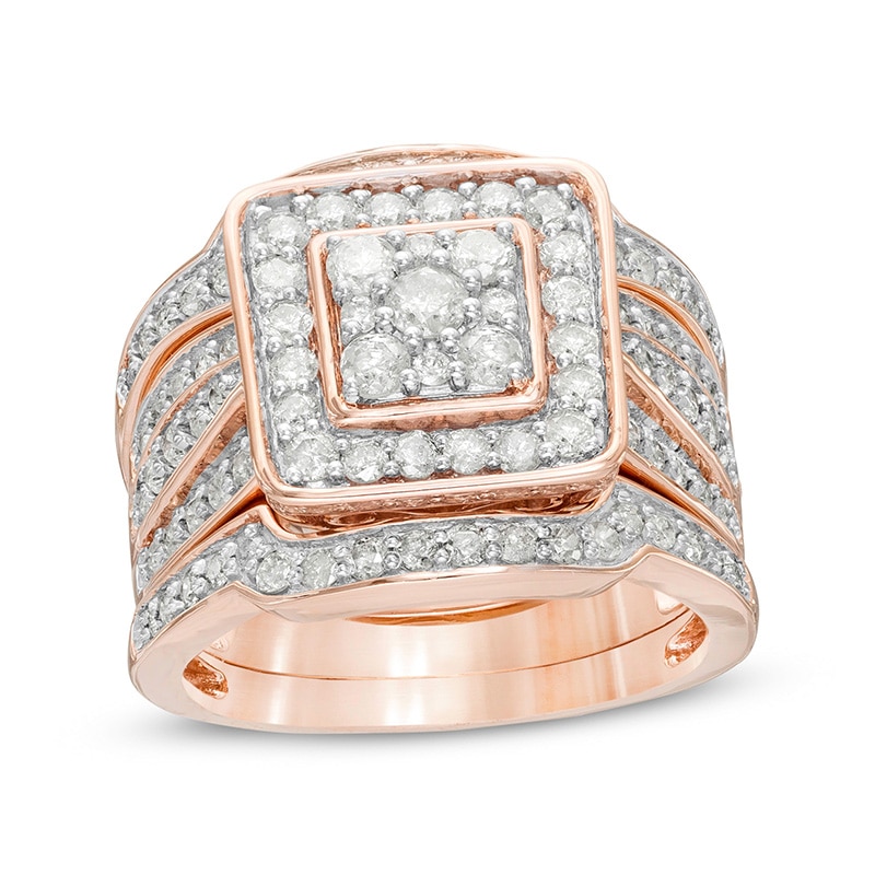 Previously Owned - 1-1/2 CT. T.W. Composite Diamond Cushion Frame Multi-Row Three Piece Bridal Set in 10K Rose Gold