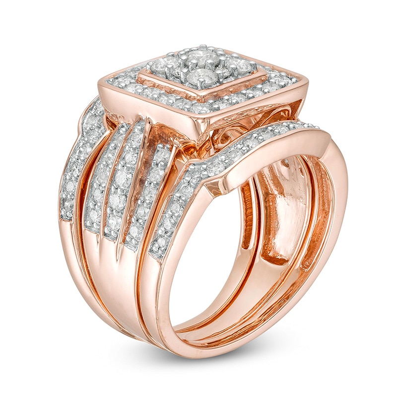 Previously Owned - 1-1/2 CT. T.W. Composite Diamond Cushion Frame Multi-Row Three Piece Bridal Set in 10K Rose Gold