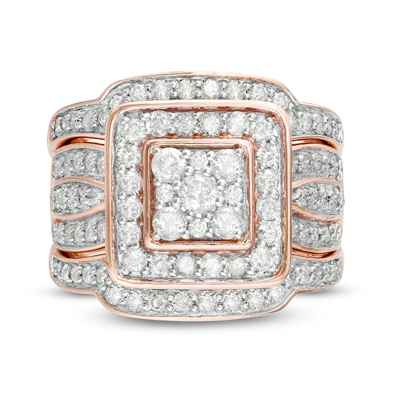 Previously Owned - 1-1/2 CT. T.W. Composite Diamond Cushion Frame Multi-Row Three Piece Bridal Set in 10K Rose Gold