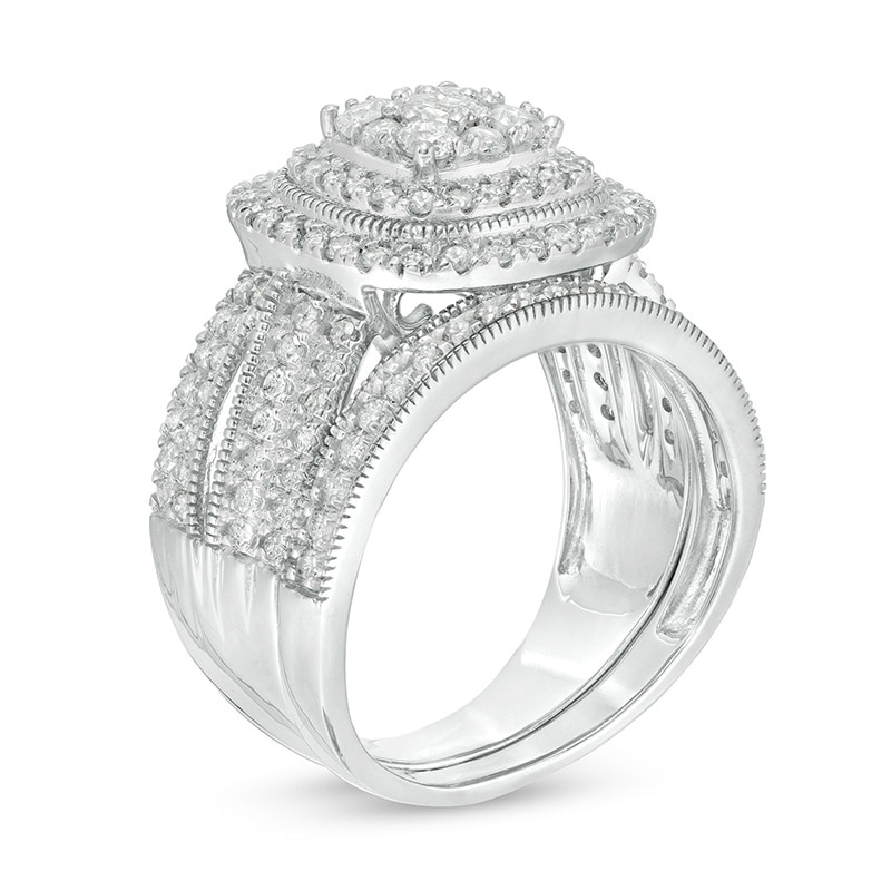 Main Image 3 of Previously Owned - 1-1/3 CT. T.W. Composite Diamond Cushion Frame Vintage-Style Bridal Set in 10K White Gold