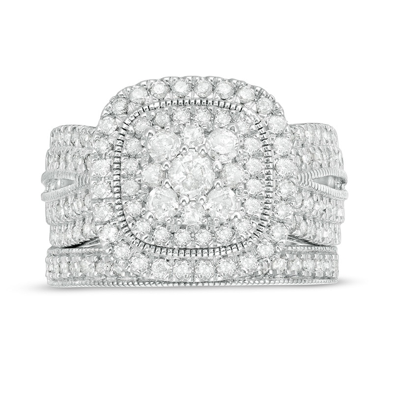 Previously Owned - 1-1/3 CT. T.W. Composite Diamond Cushion Frame Vintage-Style Bridal Set in 10K White Gold