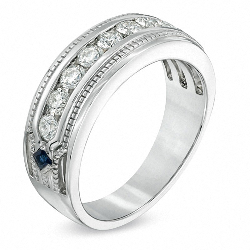Main Image 2 of Previously Owned - Vera Wang Men's 1 CT. T.W. Diamond and Sapphire Wedding Band in 14K White Gold