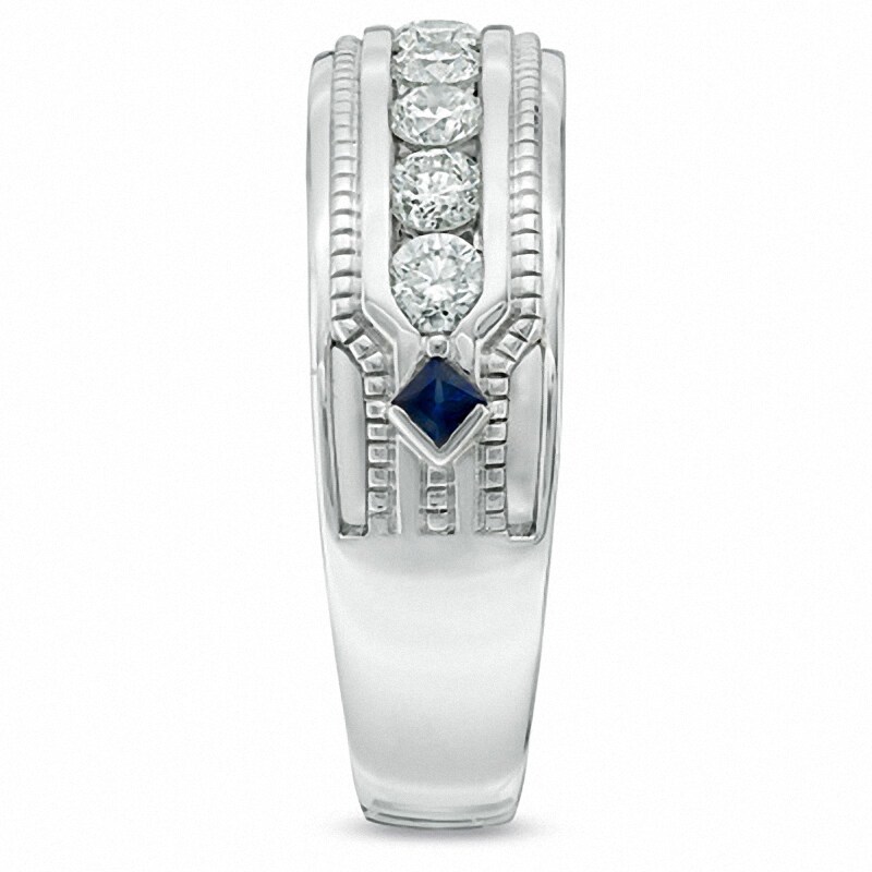 Main Image 3 of Previously Owned - Vera Wang Men's 1 CT. T.W. Diamond and Sapphire Wedding Band in 14K White Gold