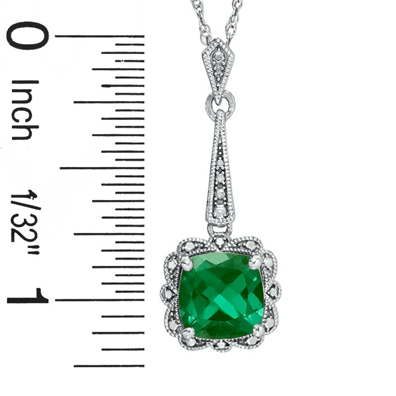 Main Image 2 of Previously Owned - Cushion-Cut Lab-Created Emerald Vintage-Style Pendant and Earrings Set in Sterling Silver
