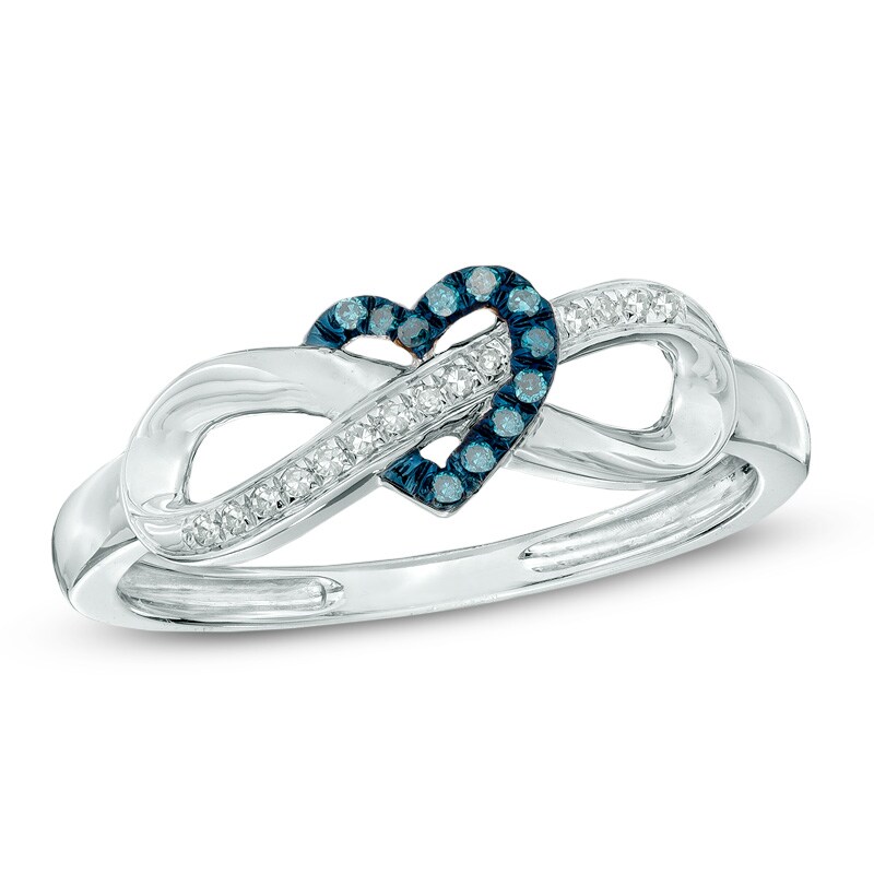 Main Image 1 of Previously Owned - Enhanced Blue and White Diamond Accent Infinity with Heart Ring in 10K White Gold