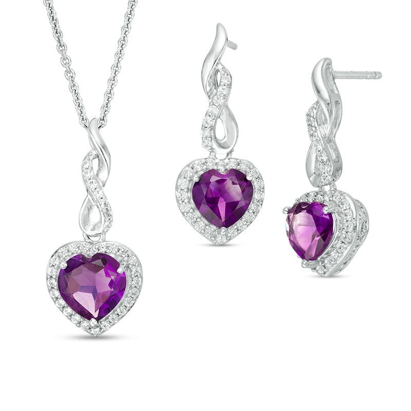 Previously Owned - Heart-Shaped Amethyst and Lab-Created White Sapphire Infinity Drop Pendant and Earrings Set