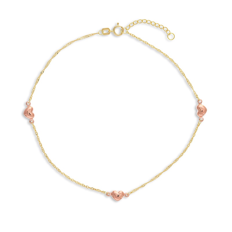 Main Image 1 of Previously Owned - Puff Heart Station Anklet in 14K Two-Tone Gold - 10"