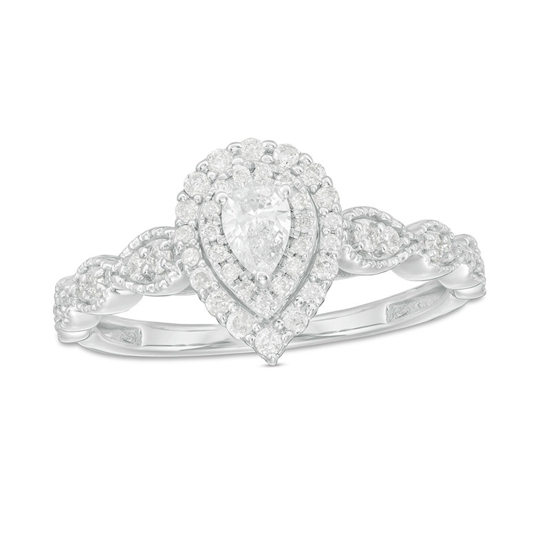 Main Image 1 of Previously Owned - 3/8 CT. T.W. Pear-Shaped Diamond Double Frame Vintage-Style Engagement Ring in 10K White Gold