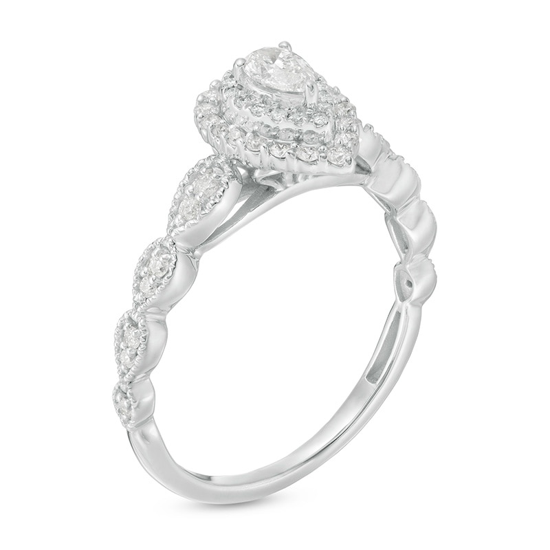Main Image 3 of Previously Owned - 3/8 CT. T.W. Pear-Shaped Diamond Double Frame Vintage-Style Engagement Ring in 10K White Gold