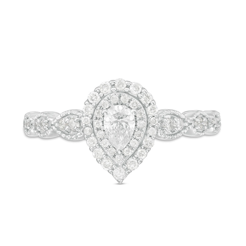 Main Image 4 of Previously Owned - 3/8 CT. T.W. Pear-Shaped Diamond Double Frame Vintage-Style Engagement Ring in 10K White Gold