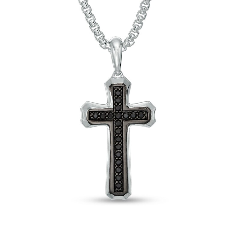 Main Image 1 of Previously Owned - Men's Black Spinel Cross Pendant in Sterling Silver and Black Rhodium - 24"