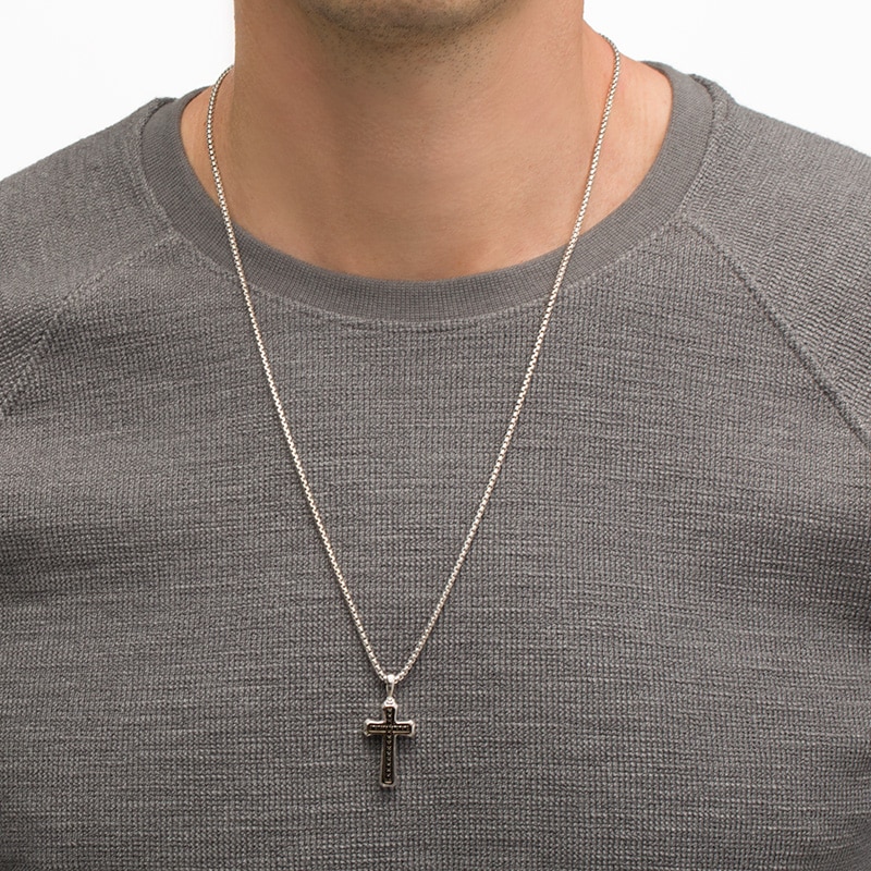 Main Image 2 of Previously Owned - Men's Black Spinel Cross Pendant in Sterling Silver and Black Rhodium - 24"