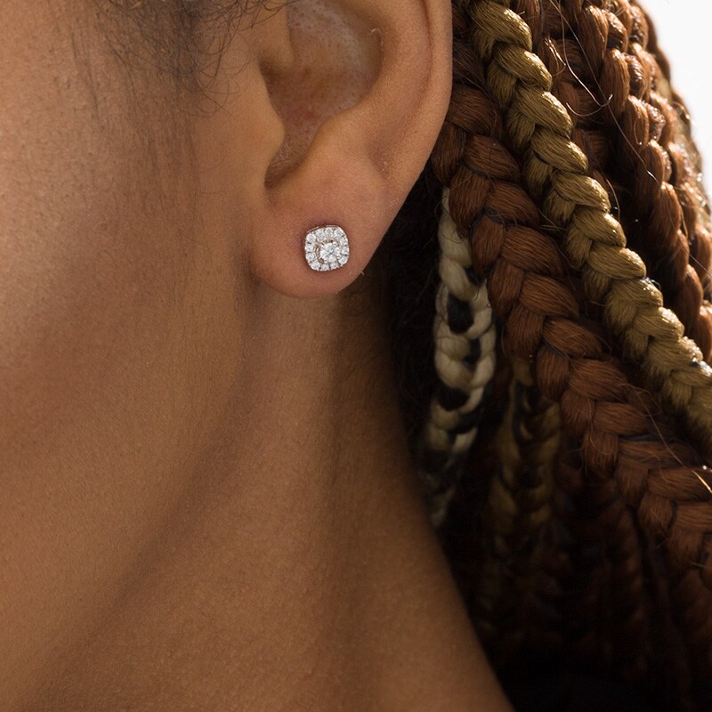 Main Image 2 of Previously Owned - 1/4 CT. T.W. Diamond Cushion Frame Stud Earrings in 10K White Gold