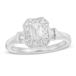 Previously Owned - 3/4 CT. T.W. Emerald-Cut Diamond Octagonal Frame Vintage-Style Engagement Ring in 14K White Gold