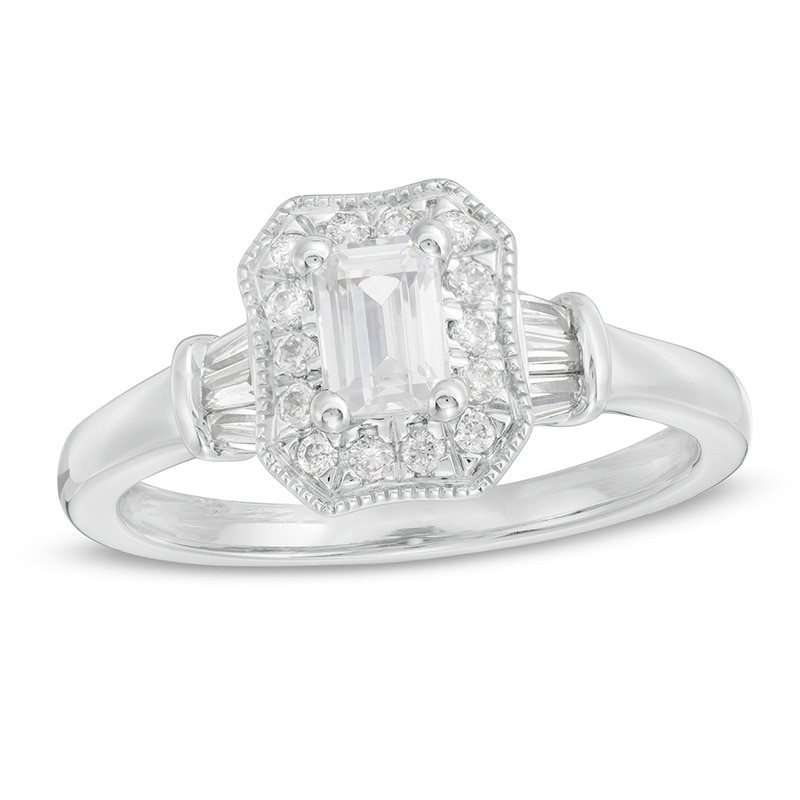 Main Image 1 of Previously Owned - 3/4 CT. T.W. Emerald-Cut Diamond Octagonal Frame Vintage-Style Engagement Ring in 14K White Gold