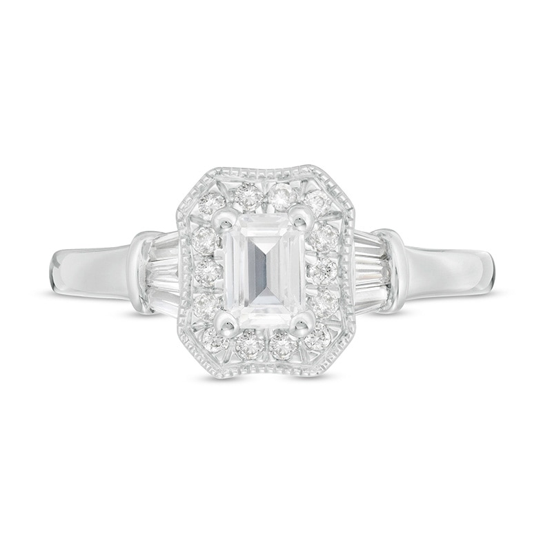 Main Image 4 of Previously Owned - 3/4 CT. T.W. Emerald-Cut Diamond Octagonal Frame Vintage-Style Engagement Ring in 14K White Gold