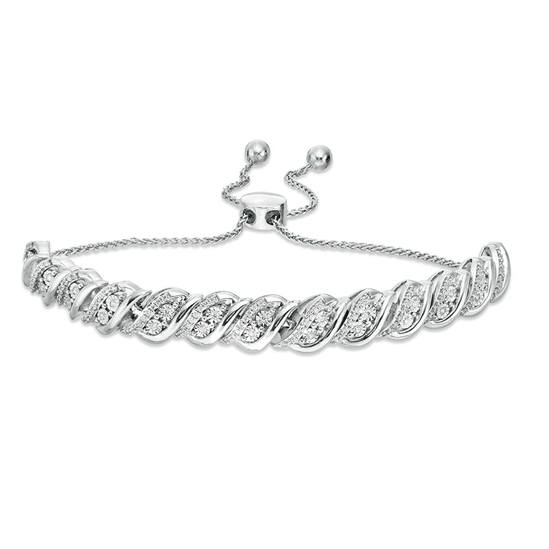 Previously Owned - 1/2 CT. T.W. Diamond Wave Bolo Bracelet in Sterling Silver - 9.5"