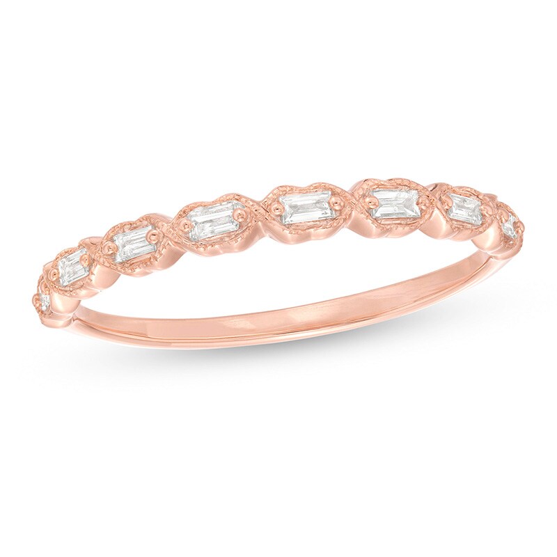 Main Image 1 of Previously Owned - 1/8 CT. T.W. Baguette Diamond Art Deco Vintage-Style Stackable Band in 10K Rose Gold