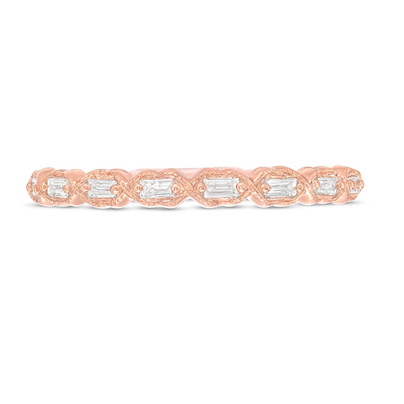 Main Image 4 of Previously Owned - 1/8 CT. T.W. Baguette Diamond Art Deco Vintage-Style Stackable Band in 10K Rose Gold