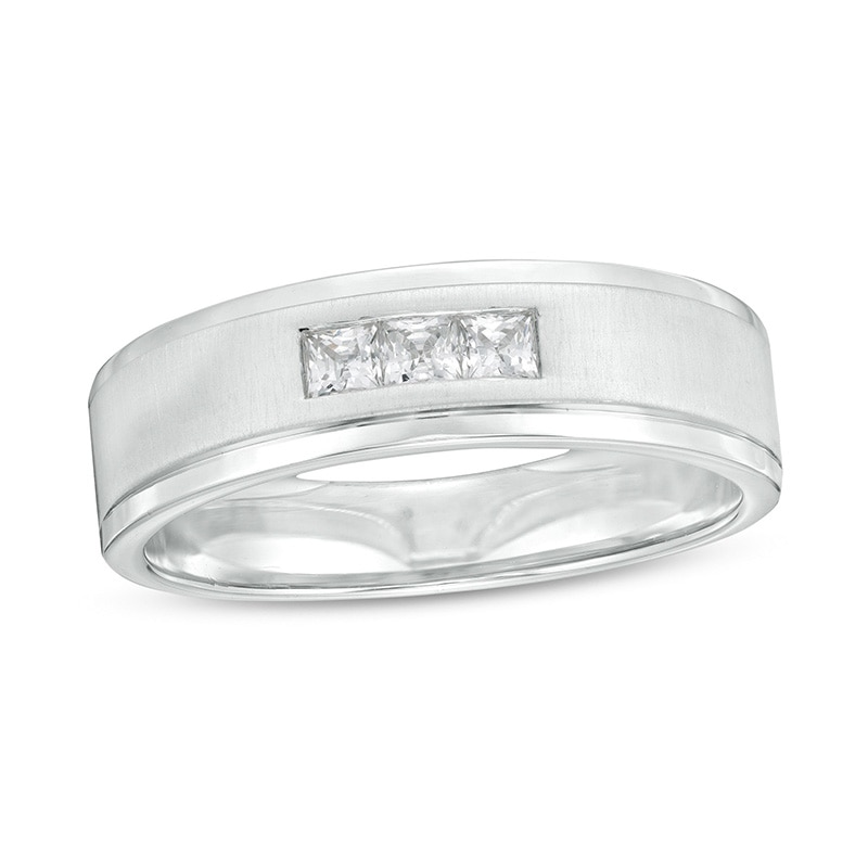 Previously Owned - Men's 1/4 CT. T.W. Square-Cut Diamond Three Stone Wedding Band in 10K White Gold