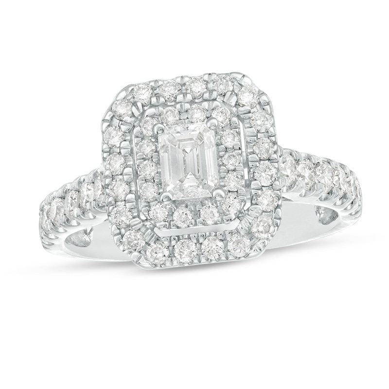 Main Image 1 of Previously Owned - 1 CT. T.W. Emerald-Cut Diamond Double Frame Engagement Ring in 14K White Gold