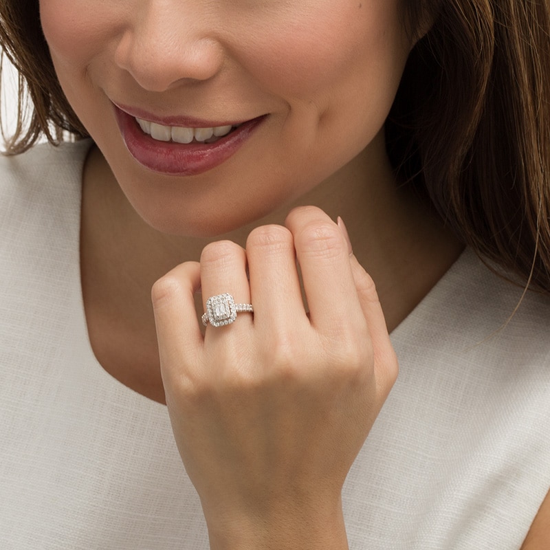 Main Image 2 of Previously Owned - 1 CT. T.W. Emerald-Cut Diamond Double Frame Engagement Ring in 14K White Gold