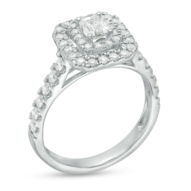 Main Image 3 of Previously Owned - 1 CT. T.W. Emerald-Cut Diamond Double Frame Engagement Ring in 14K White Gold