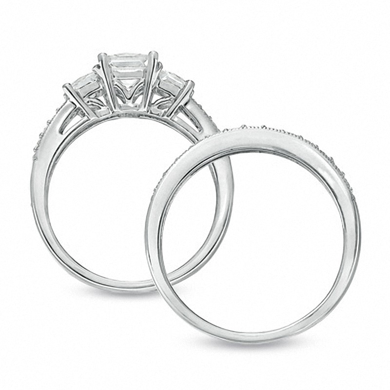 Main Image 3 of Previously Owned - Princess-Cut Lab-Created White Sapphire Three Stone Vintage-Style Bridal Set in Sterling Silver