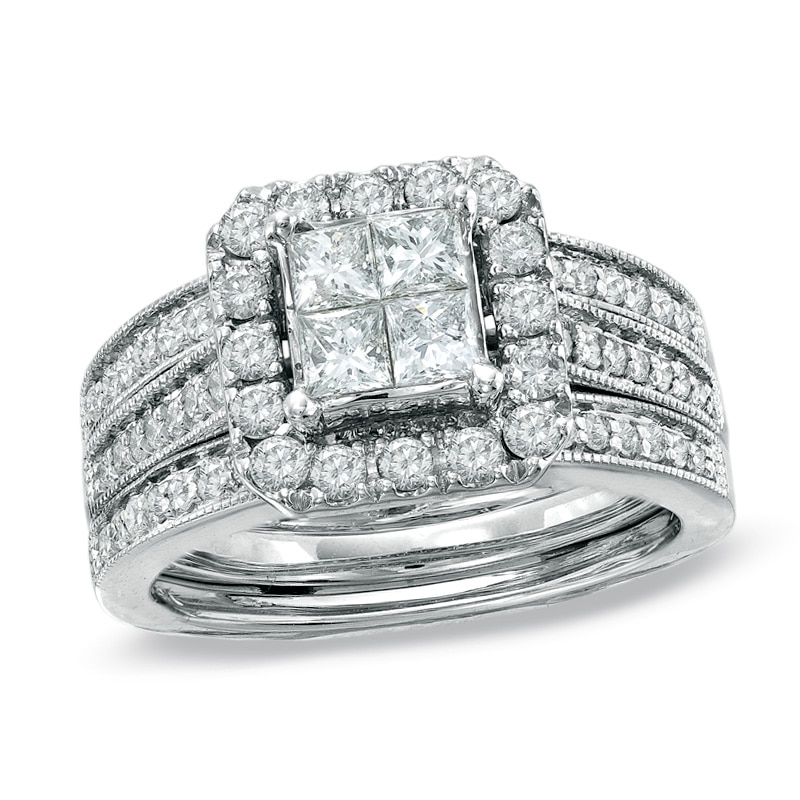 Previously Owned - 1-1/2 CT. T.W. Quad Princess-Cut Diamond Frame Triple Bridal Set in 14K White Gold