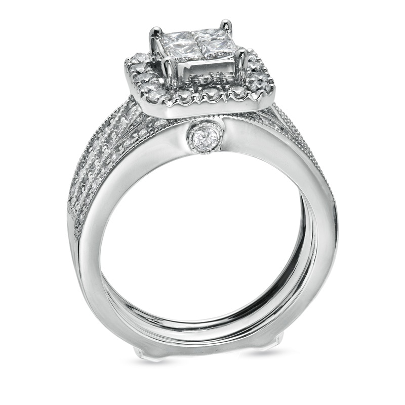 Previously Owned - 1-1/2 CT. T.W. Quad Princess-Cut Diamond Frame Triple Bridal Set in 14K White Gold