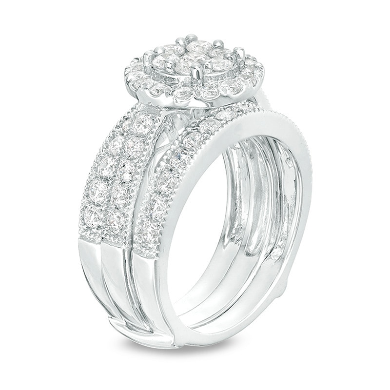 Main Image 3 of Previously Owned - 2 CT. T.W. Composite Diamond Frame Vintage-Style Bridal Set in 14K White Gold