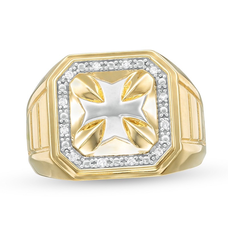 Previously Owned - Men's 1/10 CT. T.W. Diamond Beaded Octagonal Cross Ribbed Shank Ring in 10K Two-Tone Gold
