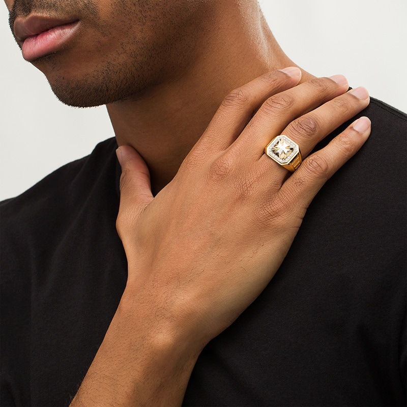 Previously Owned - Men's 1/10 CT. T.W. Diamond Beaded Octagonal Cross Ribbed Shank Ring in 10K Two-Tone Gold