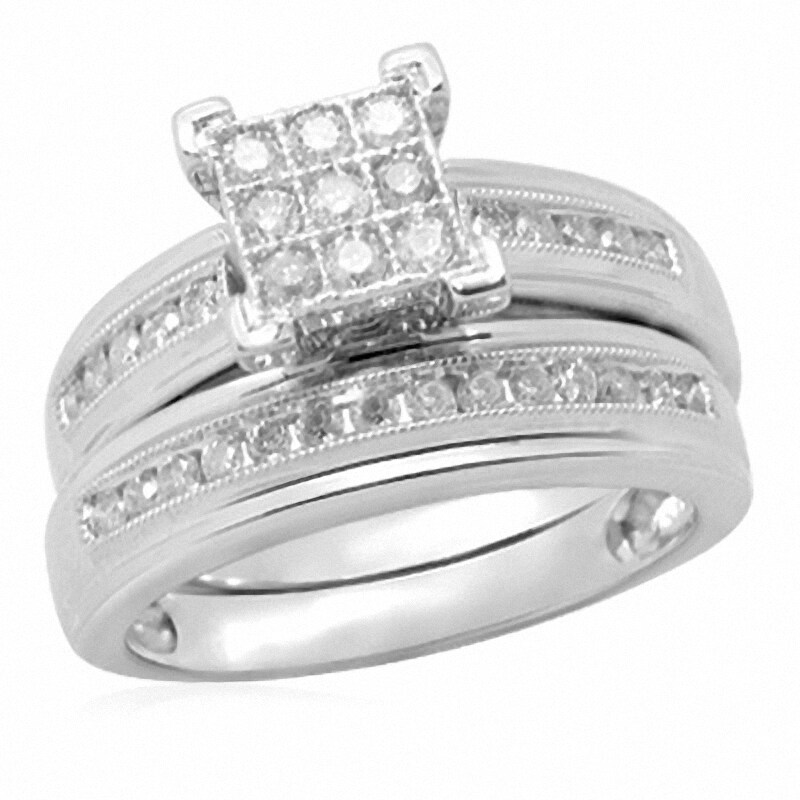 Main Image 1 of Previously Owned - 1/2 CT. T.W. Diamond Square Cluster Vintage-Style Bridal Set in Sterling Silver