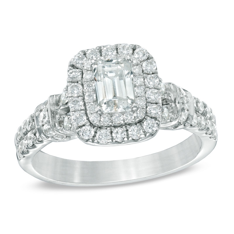 Main Image 1 of Previously Owned - Celebration Ideal 1-1/6 CT. T.W. Emerald-Cut Diamond Frame Engagement Ring in 14K White Gold (I/I1)
