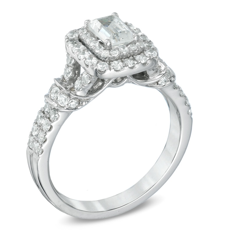 Main Image 2 of Previously Owned - Celebration Ideal 1-1/6 CT. T.W. Emerald-Cut Diamond Frame Engagement Ring in 14K White Gold (I/I1)