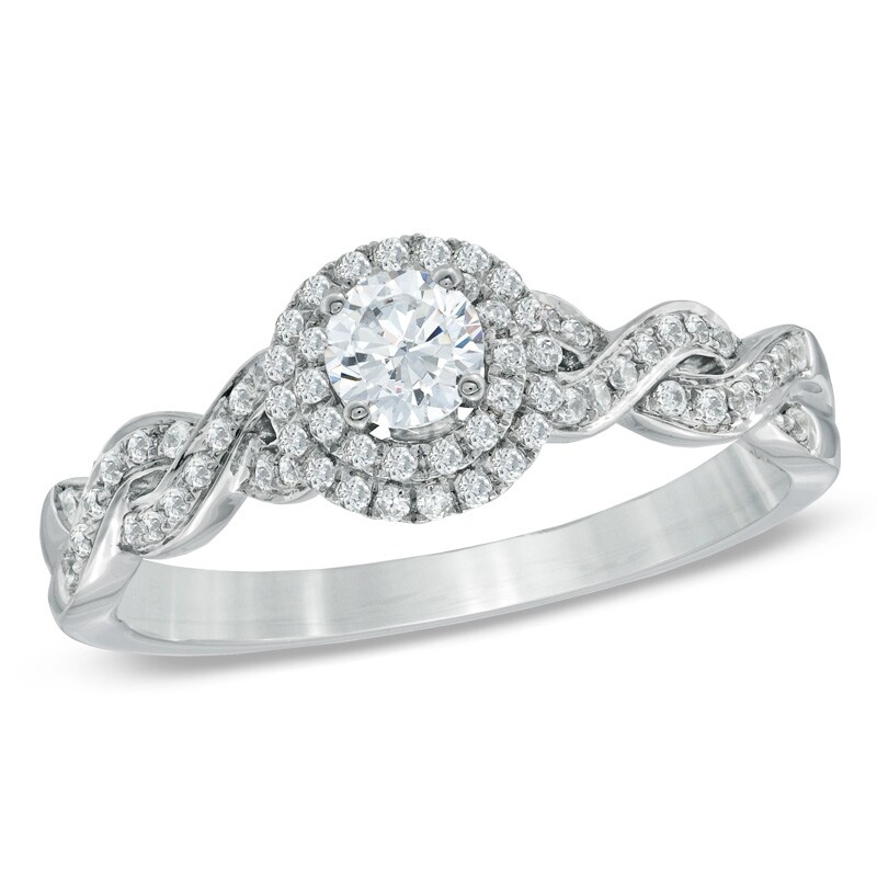 Main Image 1 of Previously Owned - Celebration Fire™ 1/2 CT. T.W. Diamond Frame Twist Engagement Ring in 14K White Gold (H-I/SI1-SI2)