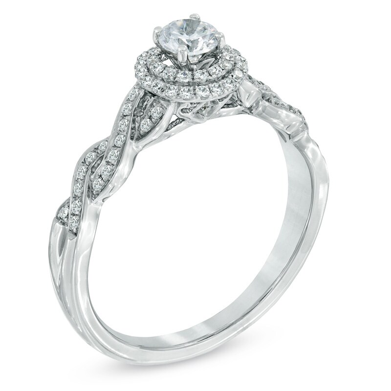 Main Image 2 of Previously Owned - Celebration Fire™ 1/2 CT. T.W. Diamond Frame Twist Engagement Ring in 14K White Gold (H-I/SI1-SI2)