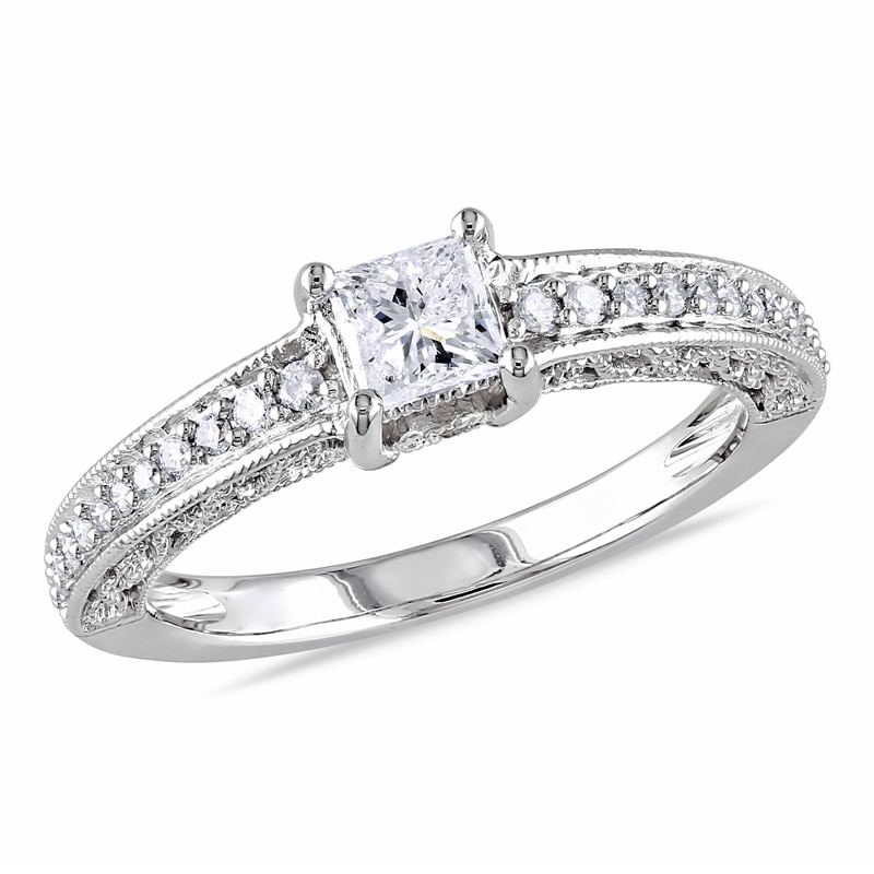 Main Image 1 of Previously Owned - 1/2 CT. T.W. Princess-Cut Diamond and Pink Sapphire Engagement Ring in 14K White Gold