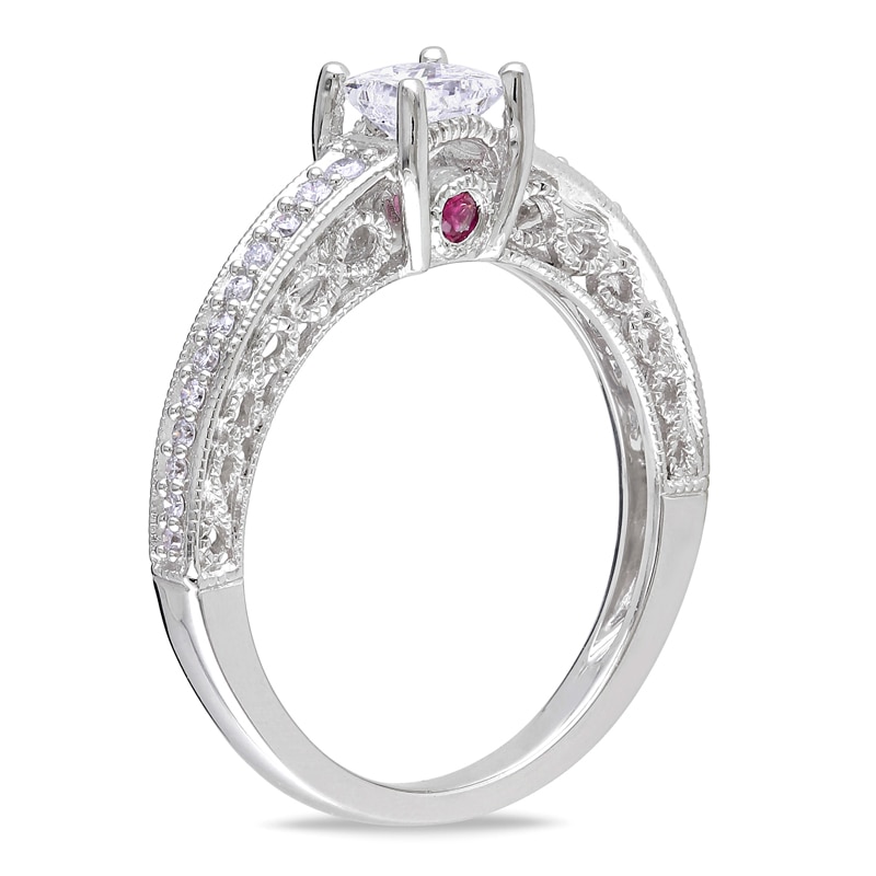 Previously Owned - 1/2 CT. T.W. Princess-Cut Diamond and Pink Sapphire Engagement Ring in 14K White Gold