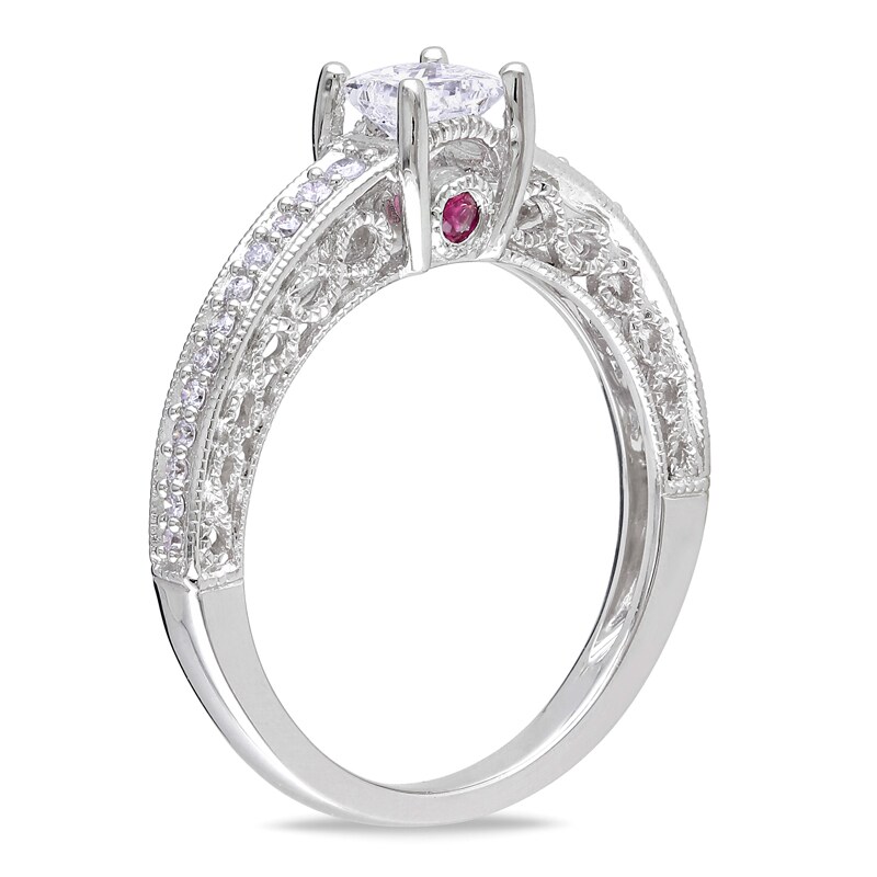 Main Image 2 of Previously Owned - 1/2 CT. T.W. Princess-Cut Diamond and Pink Sapphire Engagement Ring in 14K White Gold