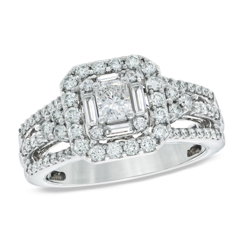Main Image 1 of Previously Owned - Celebration Lux® 1-1/5 CT. T.W. Radiant-Cut Diamond Frame Engagement Ring in 14K White Gold (I/SI2)