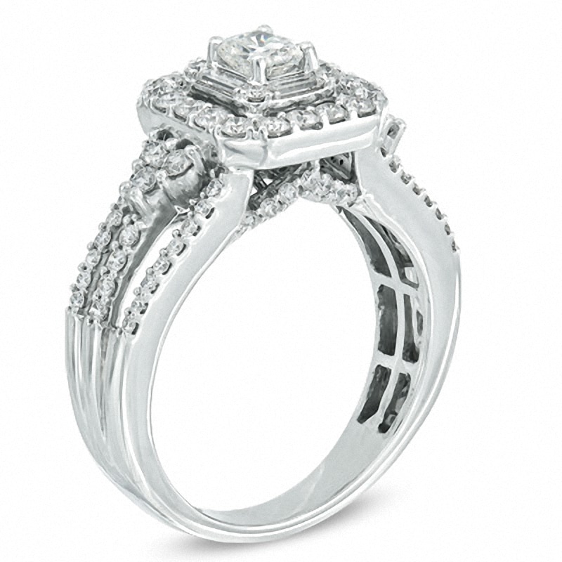 Main Image 2 of Previously Owned - Celebration Lux® 1-1/5 CT. T.W. Radiant-Cut Diamond Frame Engagement Ring in 14K White Gold (I/SI2)