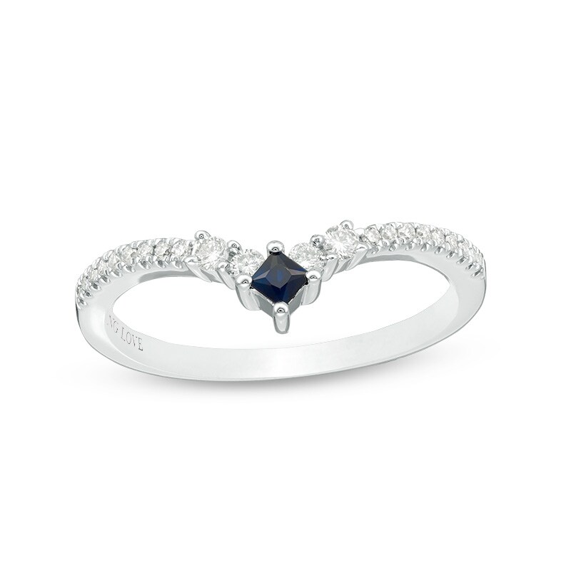 Main Image 1 of Previously Owned - Vera Wang Love Collection Princess-Cut Sapphire and 1/6 CT. T.W. Diamond Ring in Sterling Silver