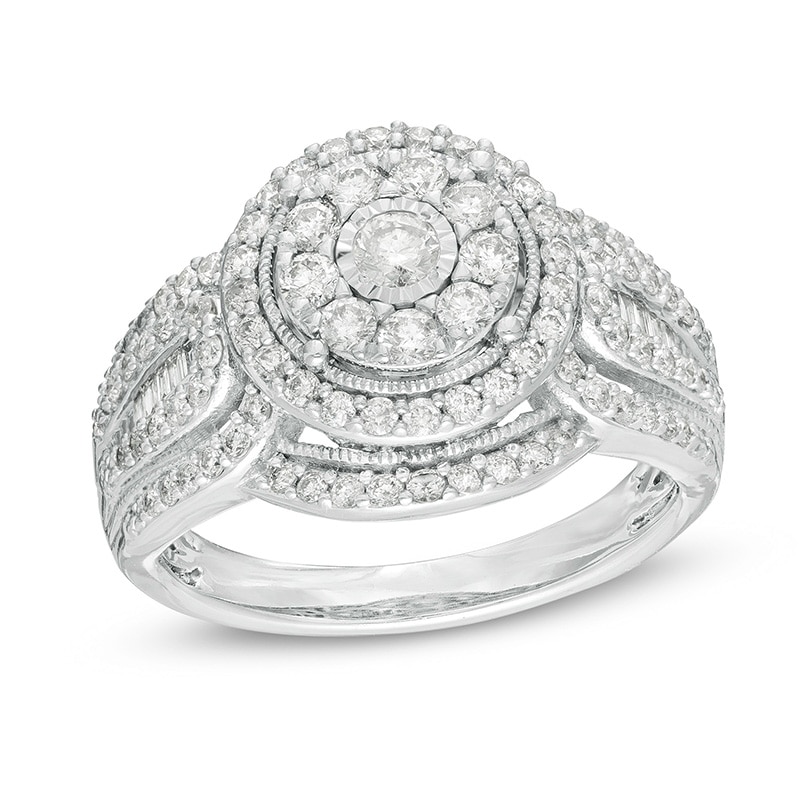 Previously Owned - 1 CT. T.W. Composite Diamond Double Frame Vintage-Style Engagement Ring in 10K White Gold